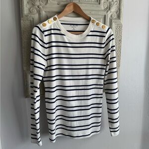 J.Crew Navy Striped Top with Gold Button Accents M